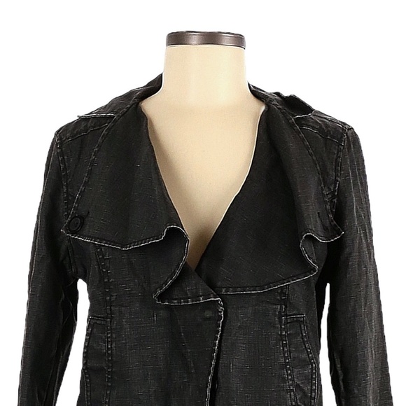 Cabi Moto Jacket M Charcoal Gray Waxed 100% Linen Ruffle Lapel Fitted Blazer - Picture 3 of 10